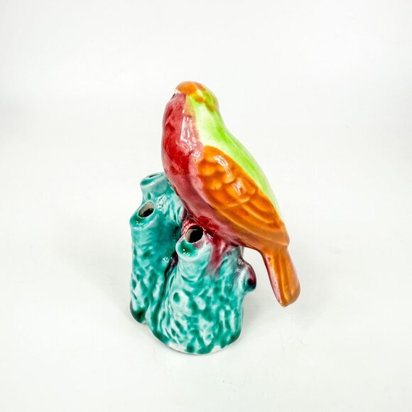 Vintage Majolica Bird Parrot Parakeet Ceramic Flower Frog Made In Japan - Picture 2 of 6